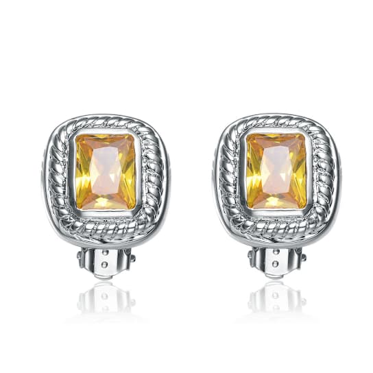Citrine Color CZ Square Stud Earrings In Sterling Silver