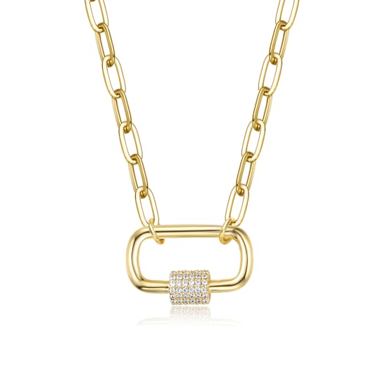 Pave CZ Paperclip Link Charm Necklace In 14K Gold Over Brass 16 Inch