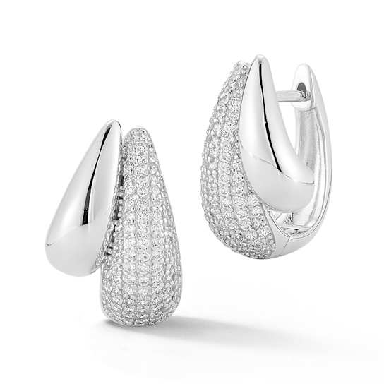 Rachel Zoe Pave Double Teardrop Hoop Earrings in Rhodium Over Sterling Silver