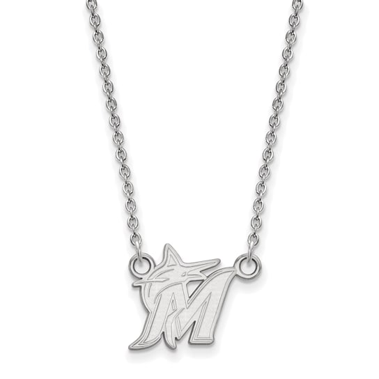 Rhodium Over Sterling Silver MLB LogoArt Miami Marlins Small Pendant Necklace
