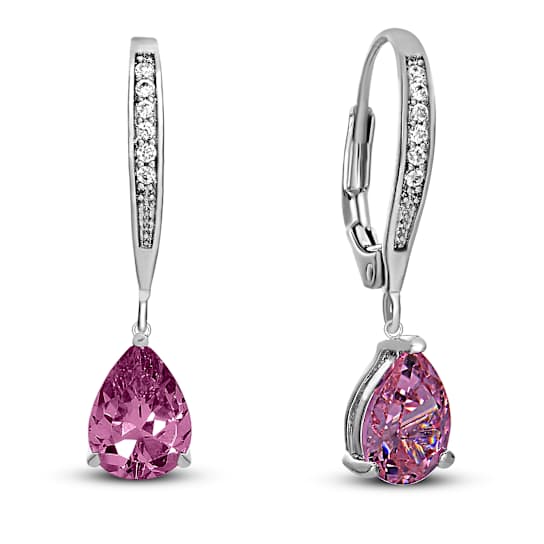 Pink CZ Teardrop Drop Earrings In Sterling Silver