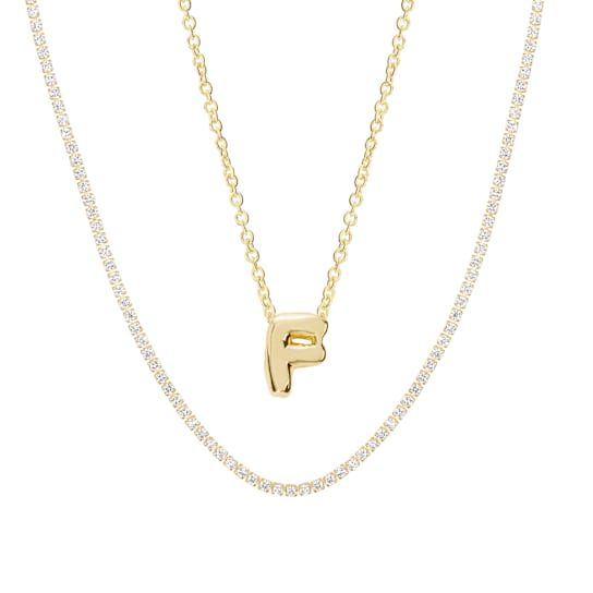 CZ Initial F Tennis Necklace And Pendant Set In 14K Gold Over Brass 4.05ctw