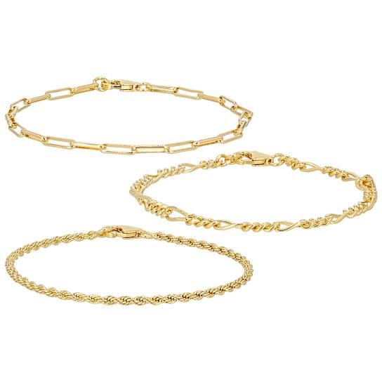 Rope, Paperclip And Figaro Link Bracelet Set In 18K Gold Over Bronze