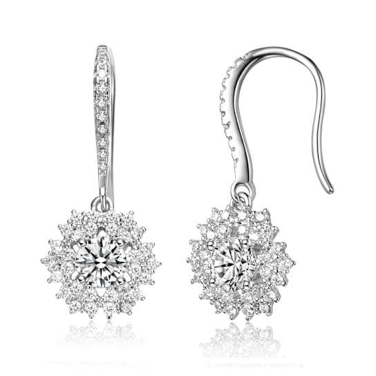 CZ Snowflake Cluster Drop Earrings In White Rhodium Over Brass