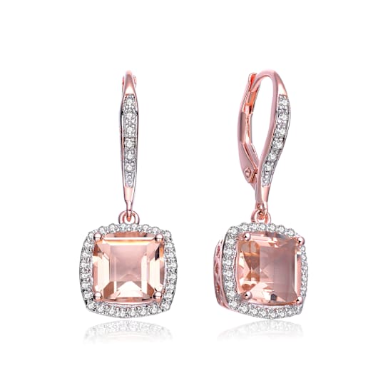 Morganite Color CZ Halo Drop Earrings In 18K Rose Gold Over Sterling Silver