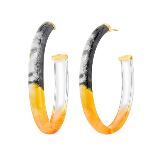 14K Yellow Gold Over Sterling Silver XL Oval Tie Dye Acrylic Hoop
Earrings in Amber and Black