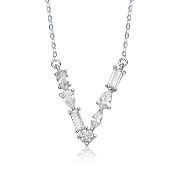 Initial V Mixed Cut CZ Pendant Necklace In Sterling Silver 18 Inch
