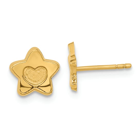 14k Yellow Gold Satin and Polished Heart in Star Stud Earrings