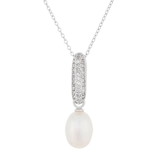 8-9mm Drop White Cultured Freshwater Pearl and CZ Rhodium Over Sterling
Silver Pendant