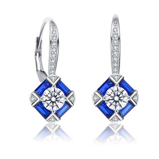 Sapphire Color CZ Rectangle Drop Earrings In Sterling Silver