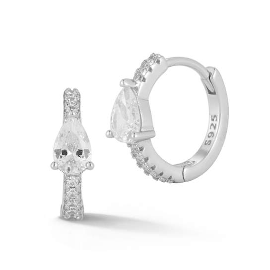 Rachel Zoe Pear-Shaped CZ Huggie Hoop Earrings in Rhodium Over Sterling Silver