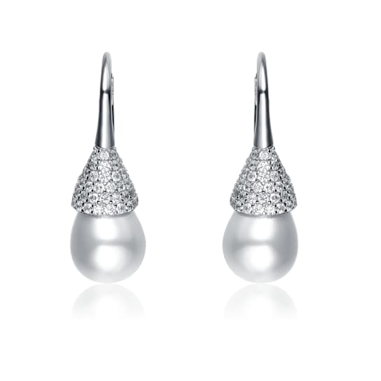 Pear Shape CZ And Pearl Drop Earrings In Sterling Silver
