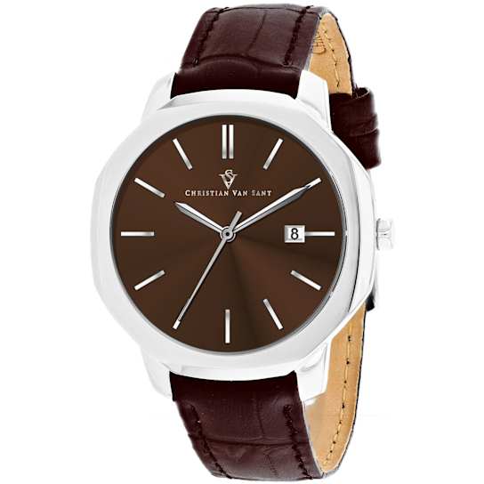 Christian Van Sant Men's 42mm Octavius Slim Brown Dial, White Bezel,
Brown Leather Strap Watch