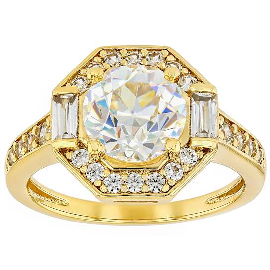 Diamond Simulant Old European Cut And White Zircon Ring In 18K Gold Over
Sterling Silver 3.28ctw