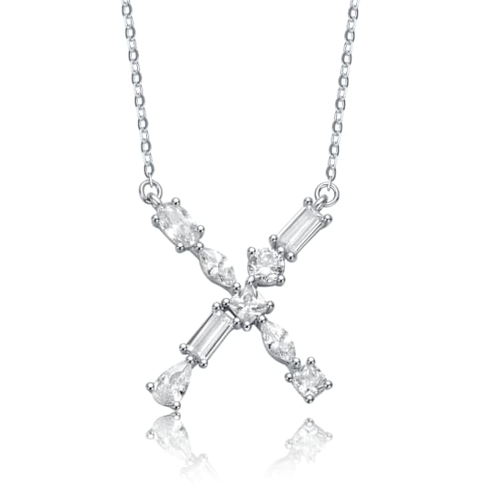 Initial X Mixed Cut CZ Pendant Necklace In Sterling Silver 18 Inch