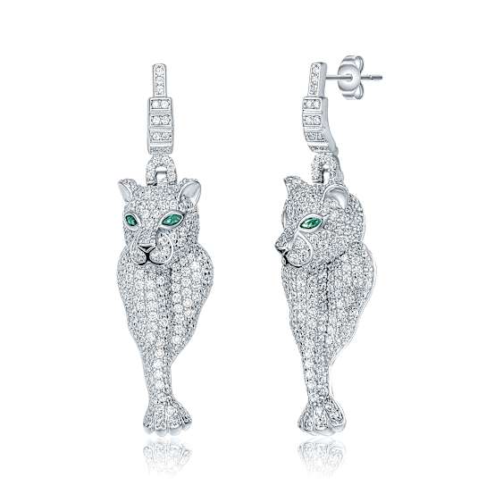 Emerald Color CZ Panther Drop Earrings In Sterling Silver