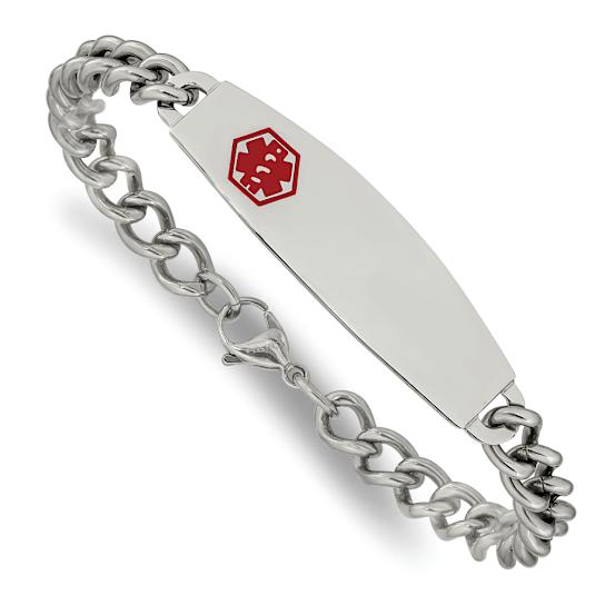 Stainless Steel Polished with Red Enamel 8.5-inch Medical ID Bracelet