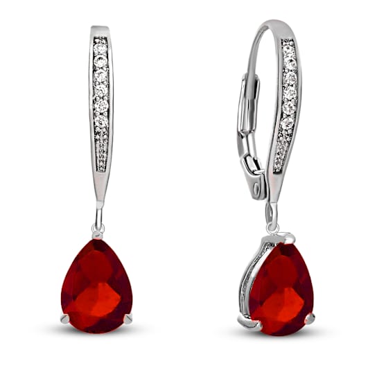 Ruby Color CZ Teardrop Drop Earrings In Sterling Silver