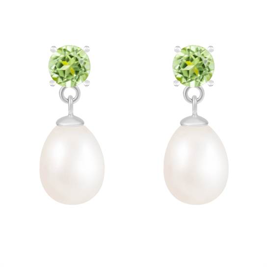 White Freshwater Pearl and Peridot Dangle Earrings In Sterling Silver