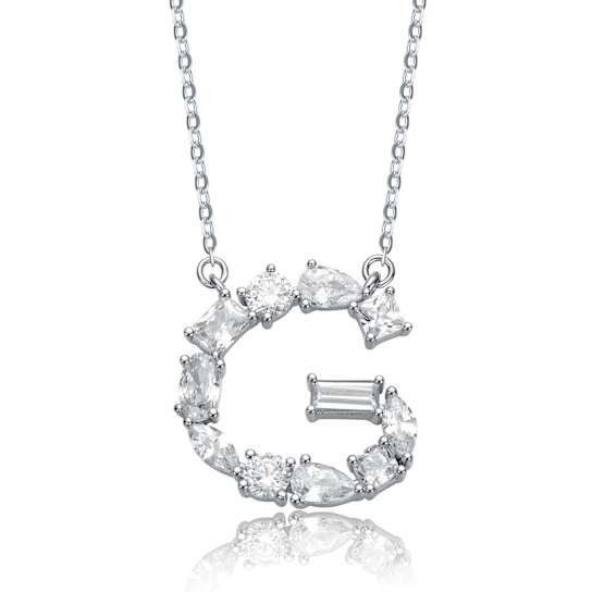 Initial G Mixed Cut CZ Pendant Necklace In Sterling Silver 18 Inch