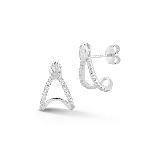 Rachel Zoe CZ Pave J-Hoop Stud Earrings in Rhodium Over Sterling Silver