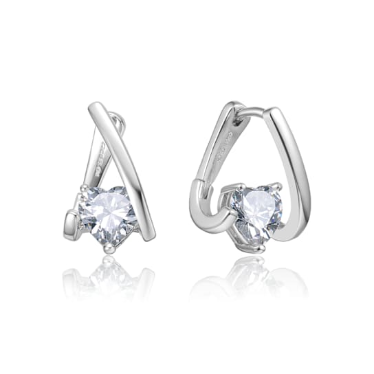 Heart Shape CZ Huggie Earrings In White Rhodium Over Brass