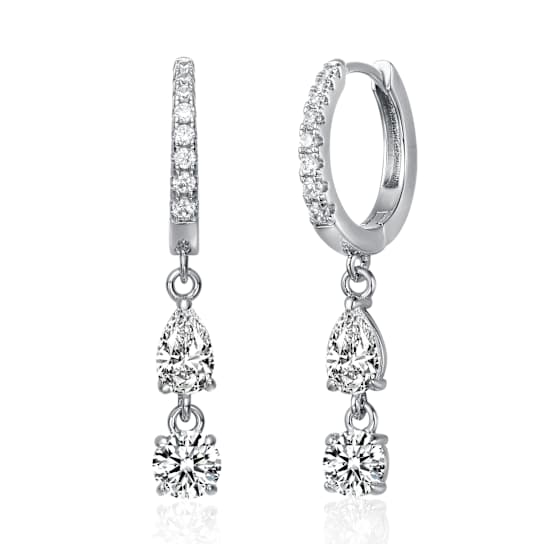 Two-Stone CZ Dangle Huggie Earrings In White Rhodium Over Brass