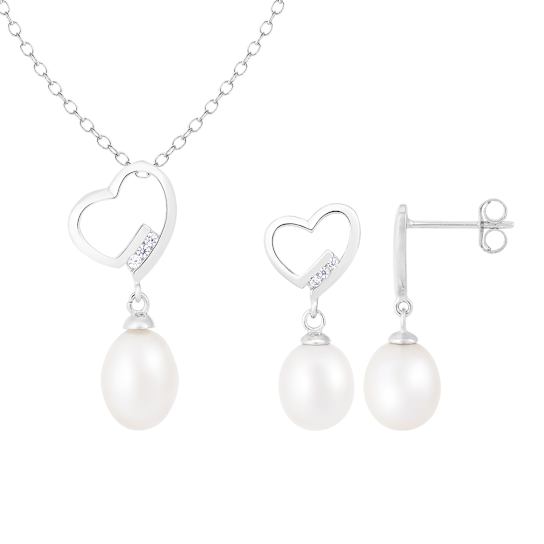 7-9mm Drop White Freshwater Pearl and CZ Rhodium Over Sterling Earring
and Pendant W/Chain Set