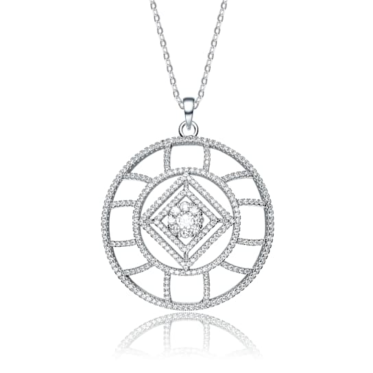 Geometric CZ Halo Pendant Necklace In White Rhodium Over Brass