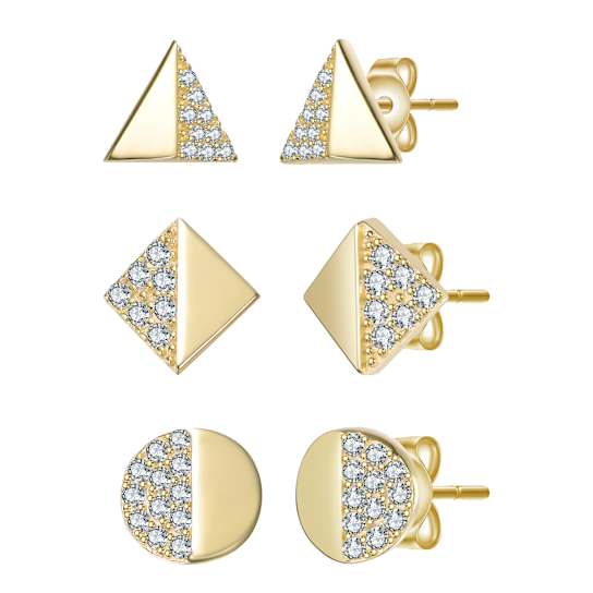 Pave CZ Stud Earrings Three-Piece Set In 14K Gold Over Sterling Silver
