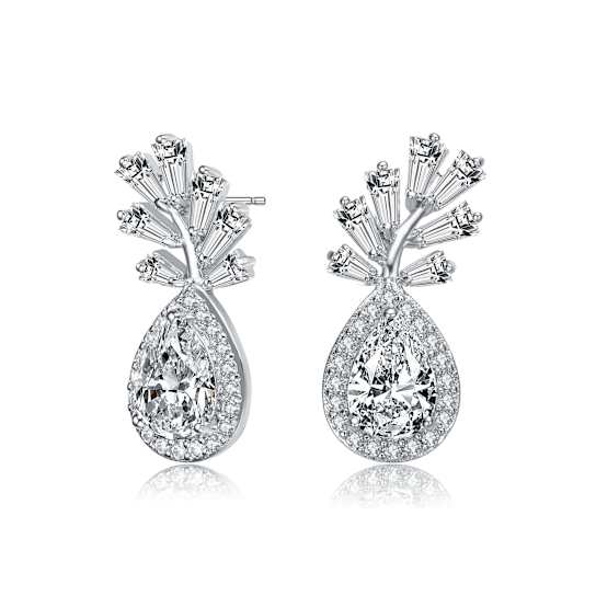 CZ Halo Drop Earrings In Sterling Silver