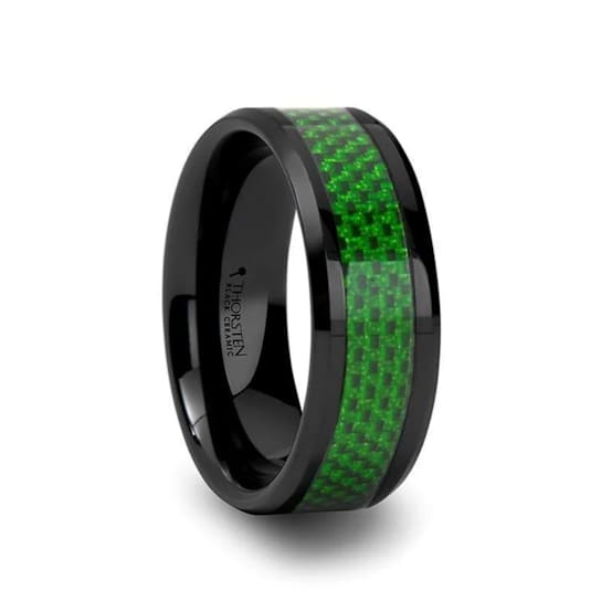 MATLAL Beveled Black Ceramic Ring with Emerald Green Carbon Fiber Inlay 8mm