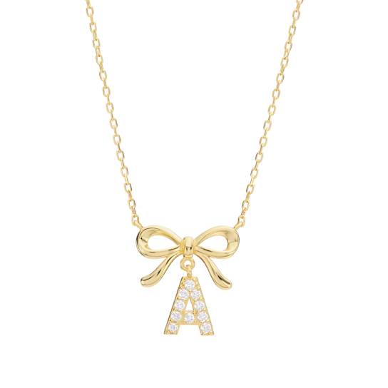 Initial A Bow CZ Necklace In 14K Gold Over Sterling Silver 0.23ctw