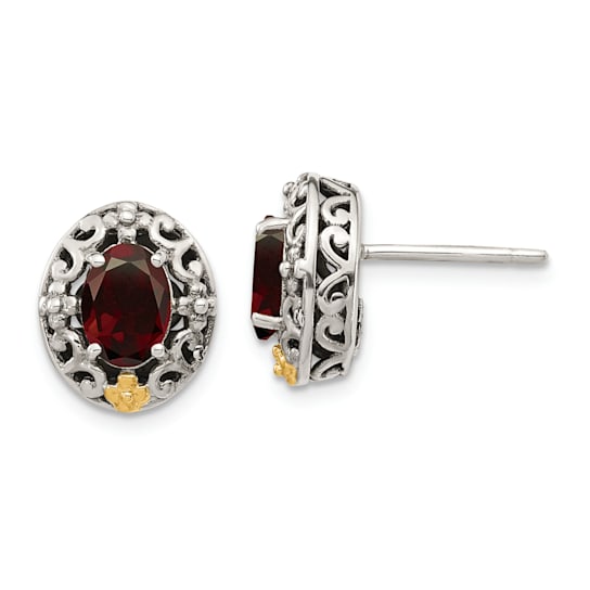 Sterling Silver with 14K Accent Antiqued Garnet Post Earrings
