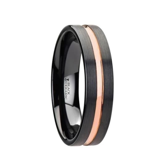 VENICE Black Ceramic Wedding Band with Rose Gold Groove 6mm