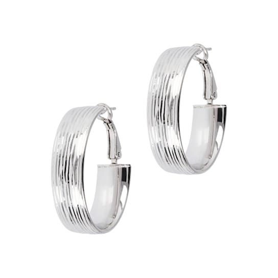 Sterling Silver Diamond Cut Oval Hoop Earrings with Omega Back