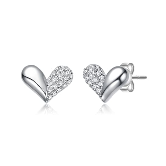 Pave CZ Heart Stud Earrings In White Gold Over Sterling Silver
