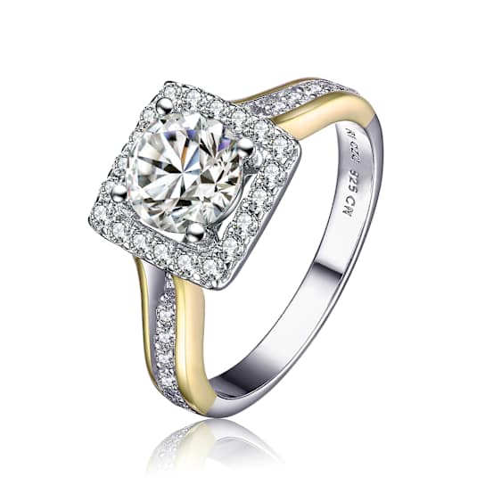 CZ Halo Ring In Two-Tone Sterling Silver 1.78ctw