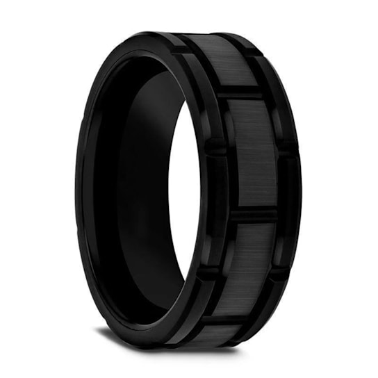WINDSOR Beveled Black Tungsten Carbide Wedding Band with Brushed Finish
and Alternating Grooves 8mm