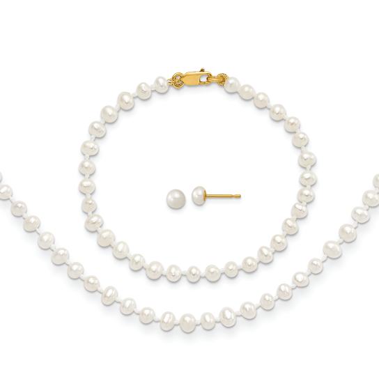 14K Yellow Gold 3-4mm Freshwater Cultured Pearl 14 Inch Necklace, 5 Inch
Bracelet and Earring Set