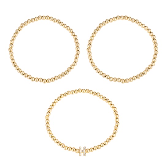 Initial H CZ Beaded Bracelet Set In 14K Gold Over Brass 0.15ctw