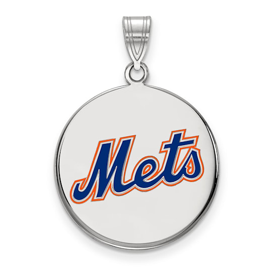 Rhodium Over Sterling Silver MLB LogoArt New York Mets Enamel Pendant