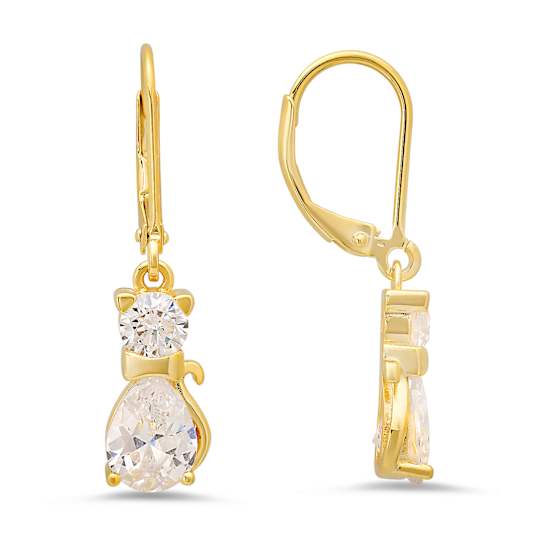 White Cubic Zirconia 14k Yellow Gold Over Sterling Silver Cat Earrings 3.40ctw