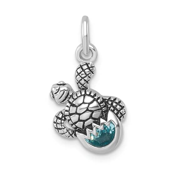 Rhodium Over Sterling Silver Antiqued Crystal Hatching Turtle Pendant