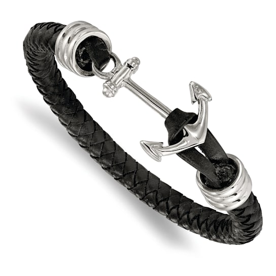 Black Braided Leather and Stainless Steel Polished Anchor 8.5-inch Bracelet