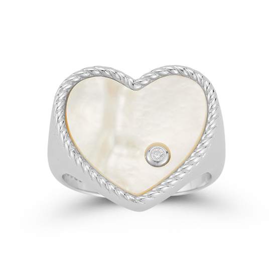 Mother-Of-Pearl Heart Signet Ring In Sterling Silver With CZ Accent