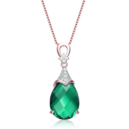 Emerald Color CZ Teardrop Pendant In 18K Rose Gold Over Sterling Silver