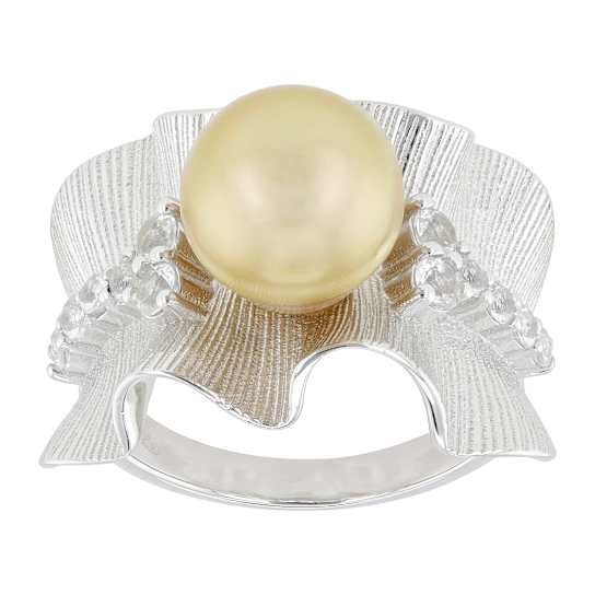 Golden South Sea Pearl And White Topaz Wave Ring In Sterling Silver