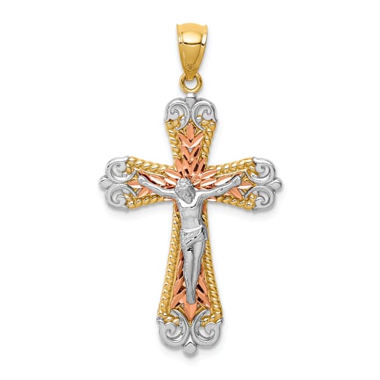 14k Tri-color Gold Diamond-Cut Crucifix Pendant