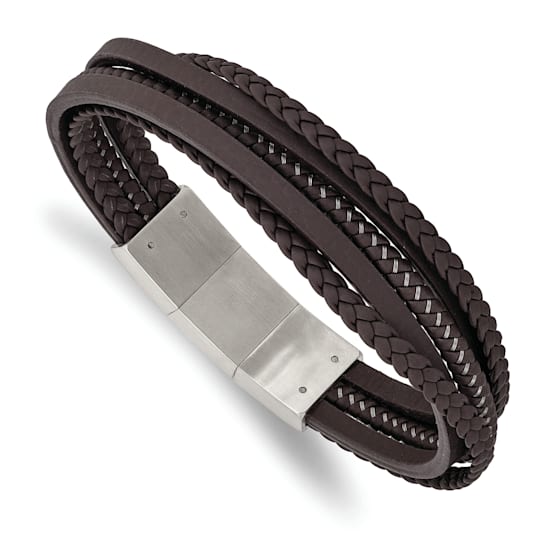 Brown Braided Leather and Stainless Steel Brushed Wire with 0.5-inch
Extension Bracelet